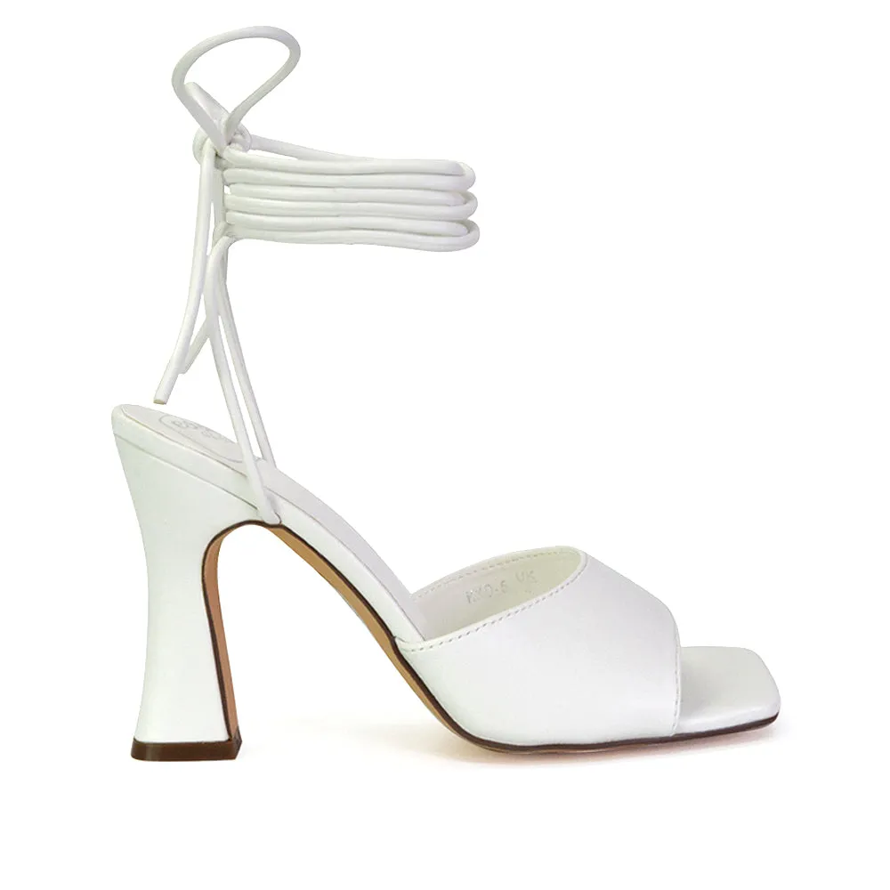 Flora Strappy Lace Up Block High Heels With a Square Toe in White