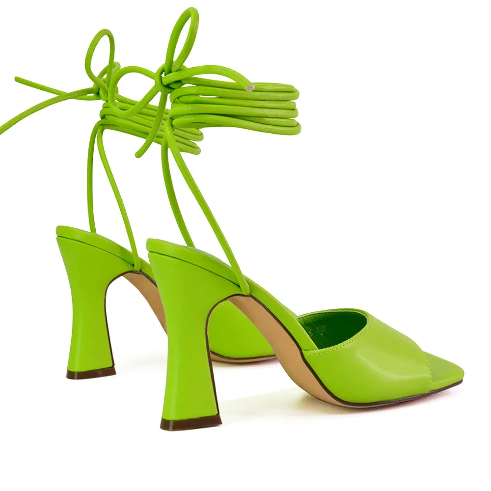 Flora Strappy Lace Up Block High Heels With a Square Toe in White