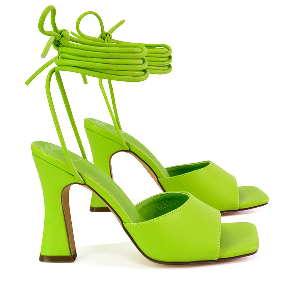 Flora Strappy Lace Up Block High Heels With a Square Toe in White