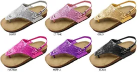 girls sequin thing footbed sandals with metallic trimming & back strap Case of 36