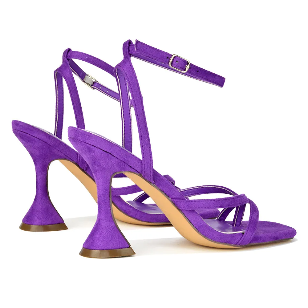 Joni Square Toe Post Block Strappy Sculptured High Heel Sandals in Orange Faux Suede