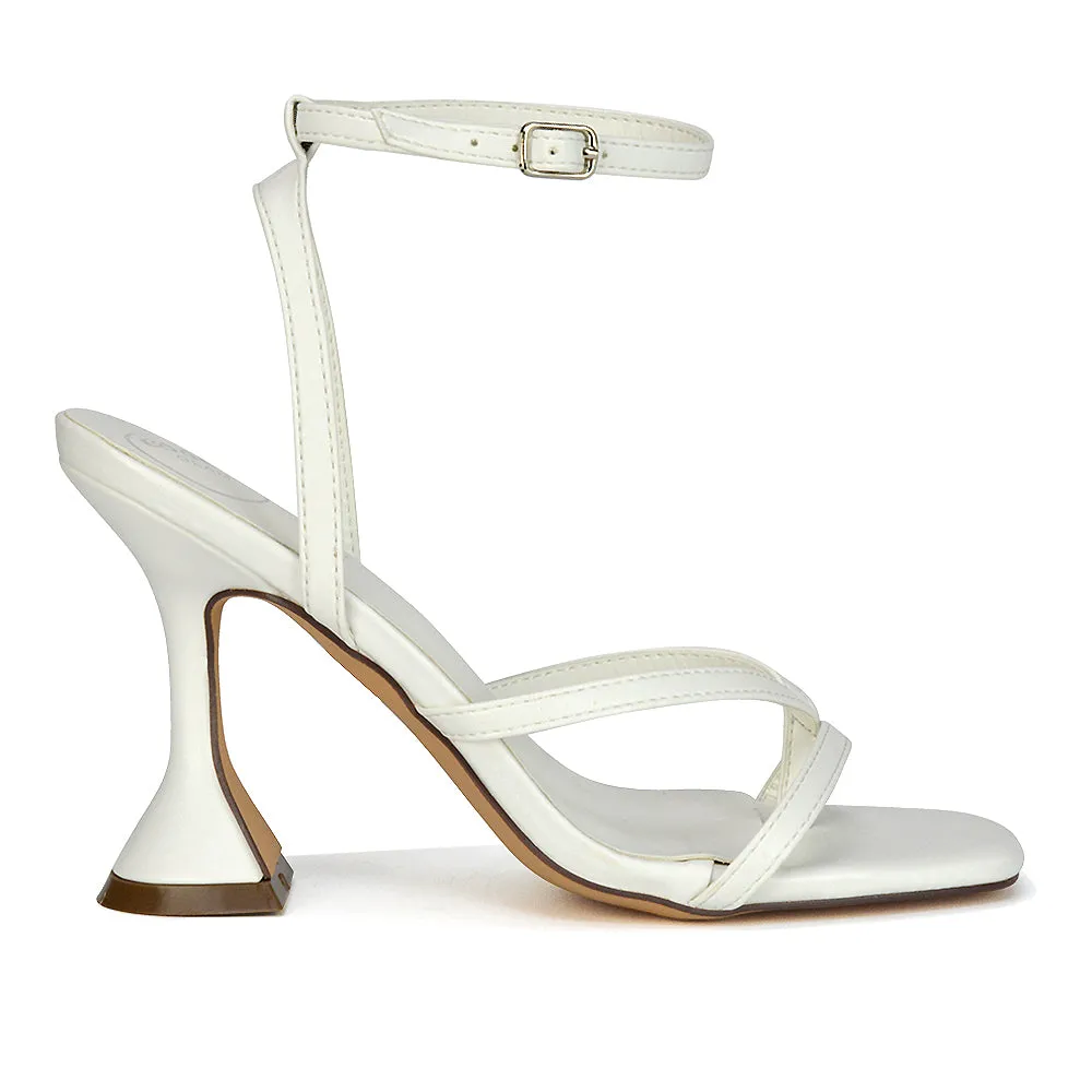 Joni Square Toe Post Block Strappy Sculptured High Heel Sandals in Orange Faux Suede