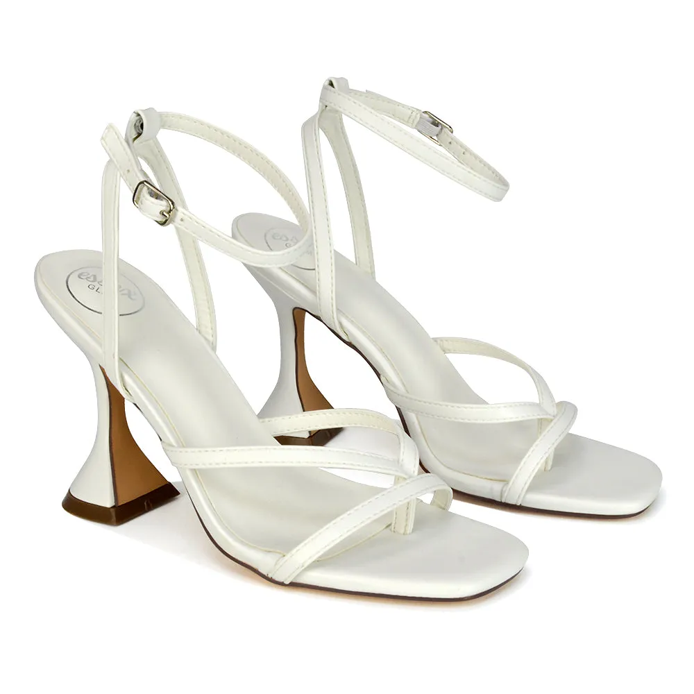 Joni Square Toe Post Block Strappy Sculptured High Heel Sandals in Orange Faux Suede