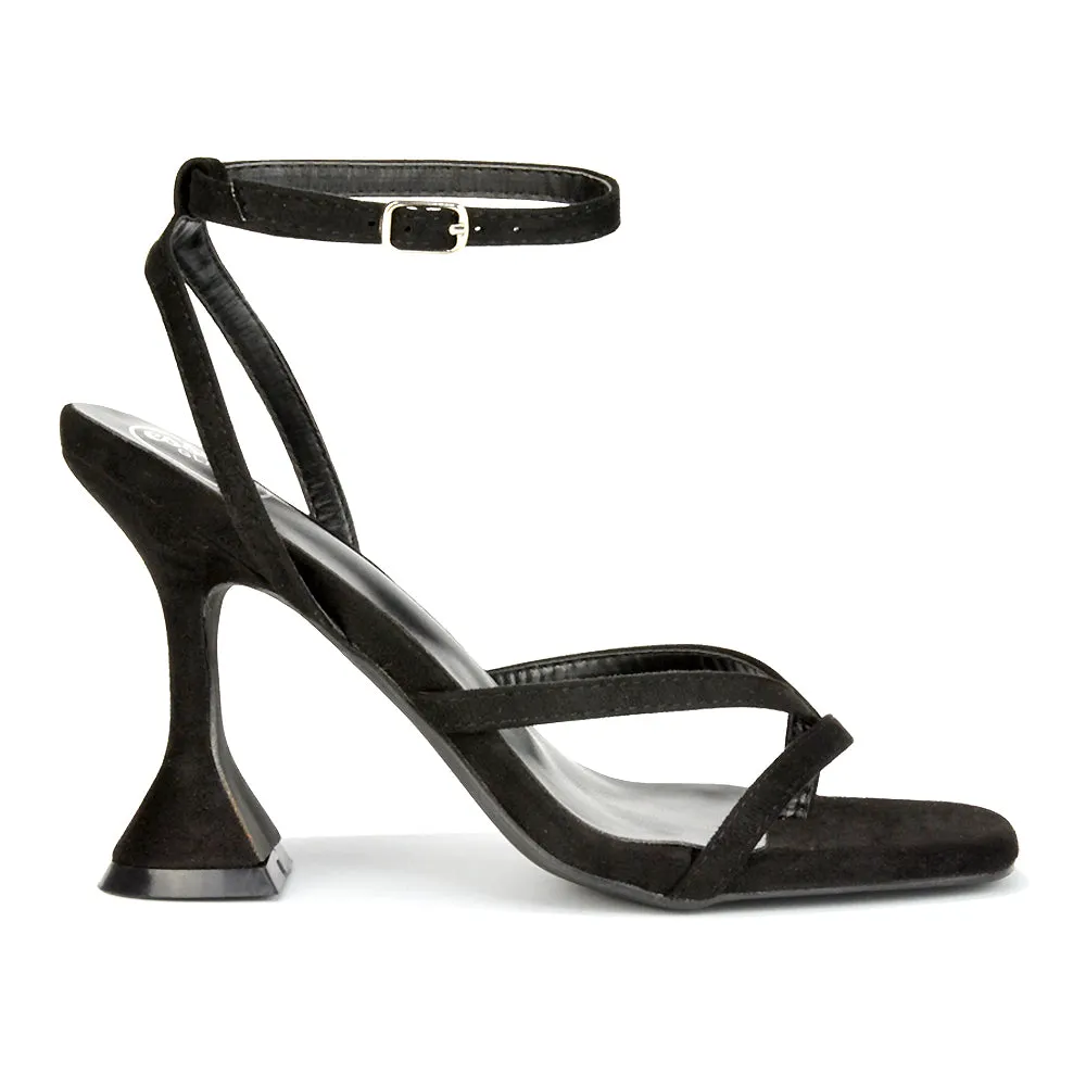 Joni Square Toe Post Block Strappy Sculptured High Heel Sandals in Orange Faux Suede
