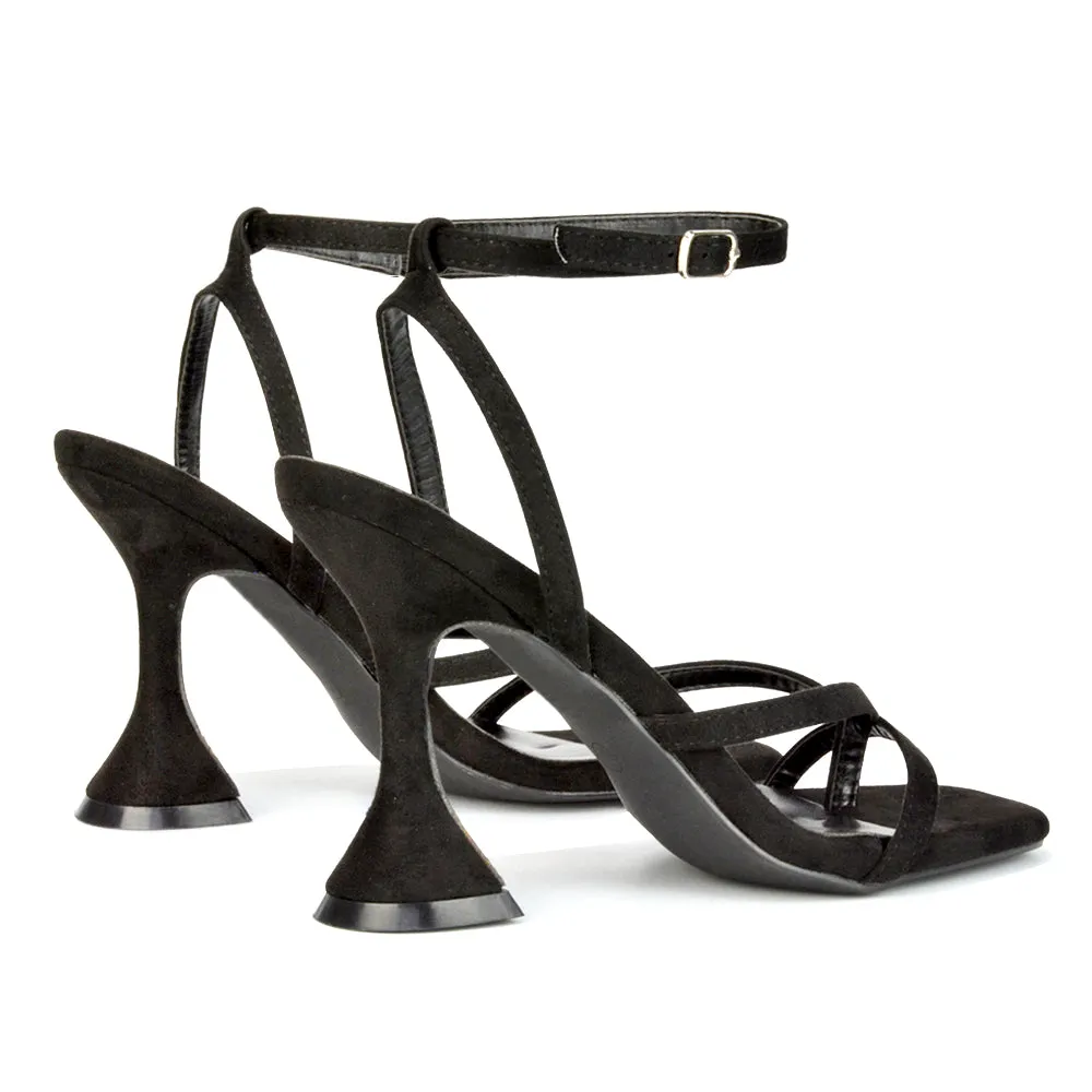 Joni Square Toe Post Block Strappy Sculptured High Heel Sandals in Orange Faux Suede