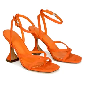 Joni Square Toe Post Block Strappy Sculptured High Heel Sandals in Orange Faux Suede