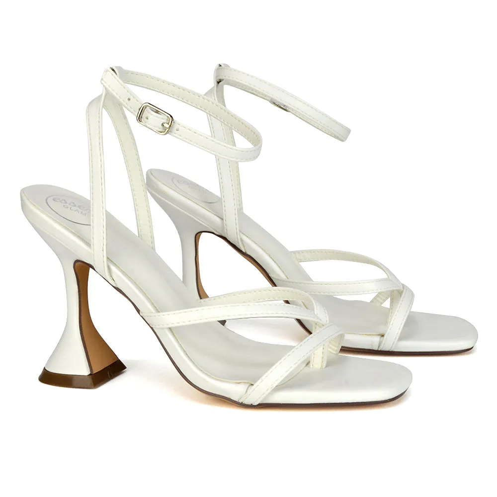 Joni Square Toe Post Block Strappy Sculptured High Heel Sandals in Orange Faux Suede
