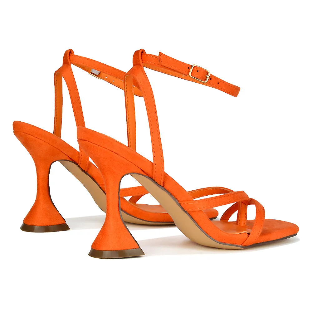 Joni Square Toe Post Block Strappy Sculptured High Heel Sandals in Orange Faux Suede