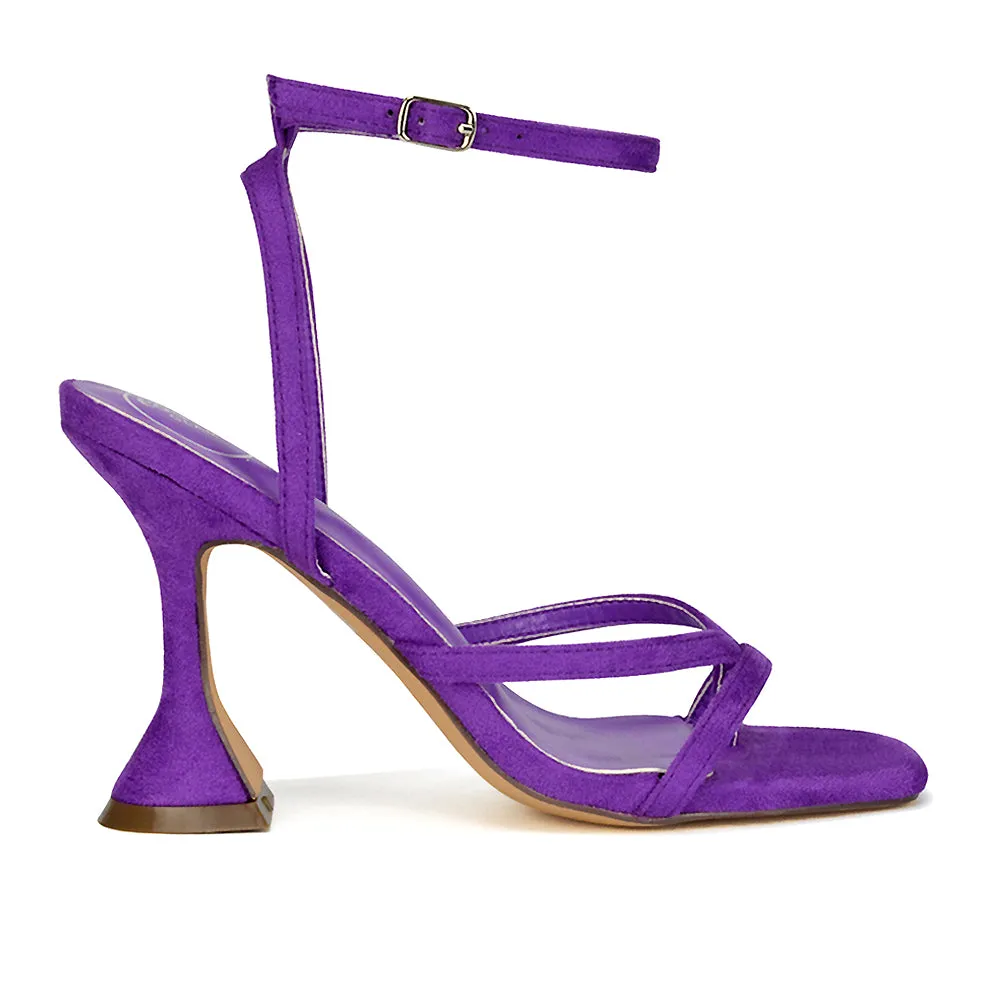 Joni Square Toe Post Block Strappy Sculptured High Heel Sandals in Orange Faux Suede