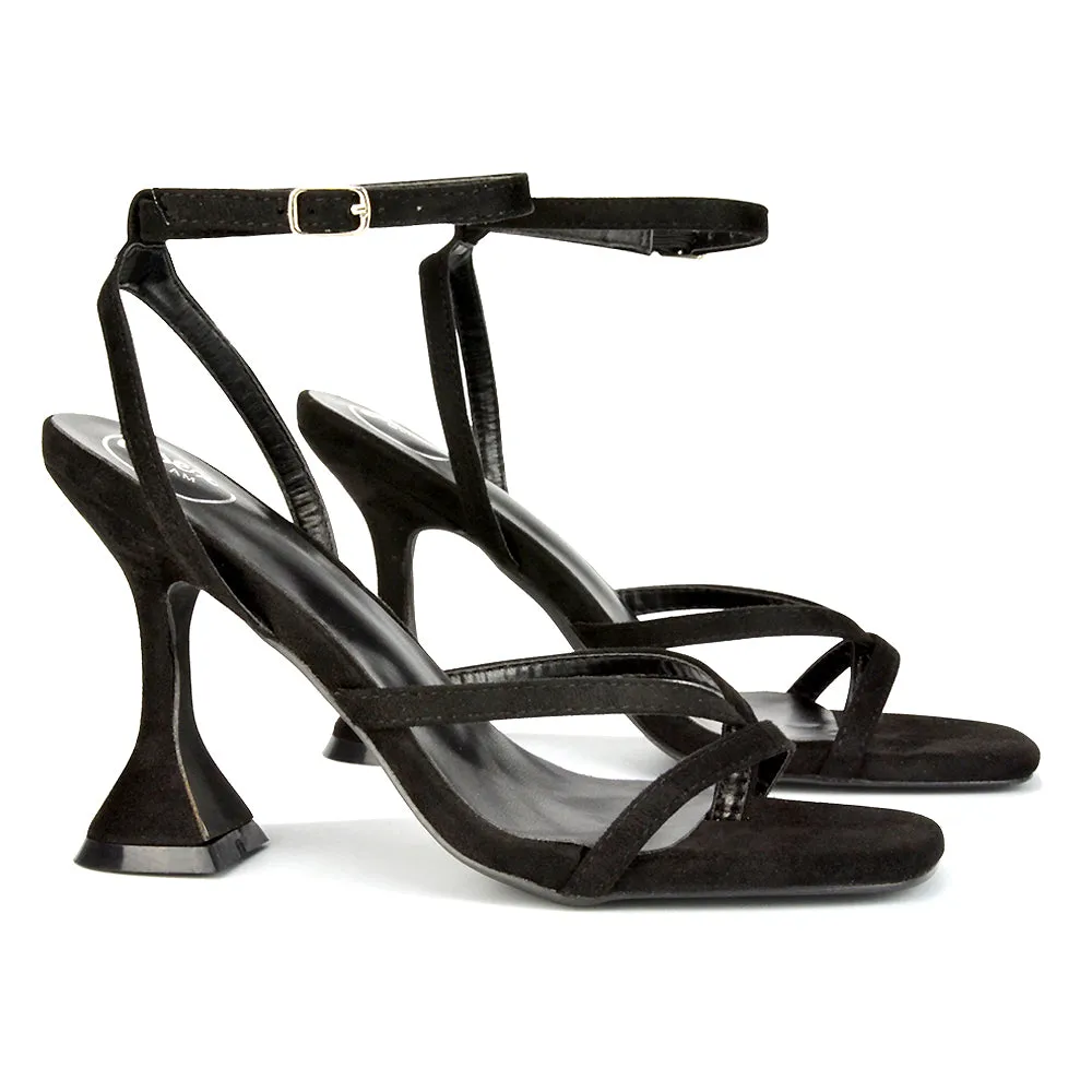 Joni Square Toe Post Block Strappy Sculptured High Heel Sandals in Orange Faux Suede