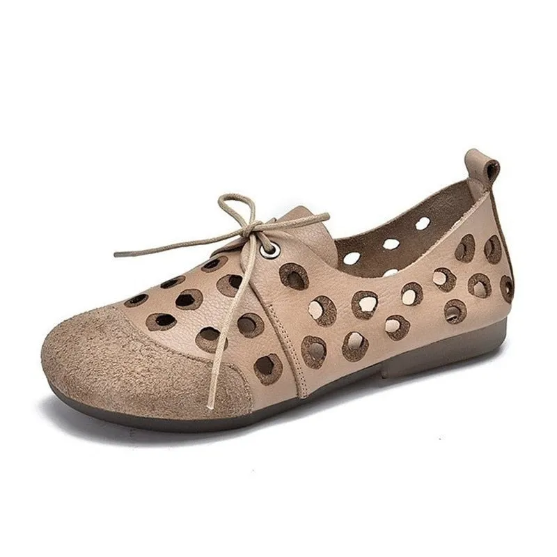 New Comfortable Leather Handmade Shoes Flat-heeled Soft-soled Shoes  Female Wind Tunnel Hollow Sandals Women Casual Flats Shoes