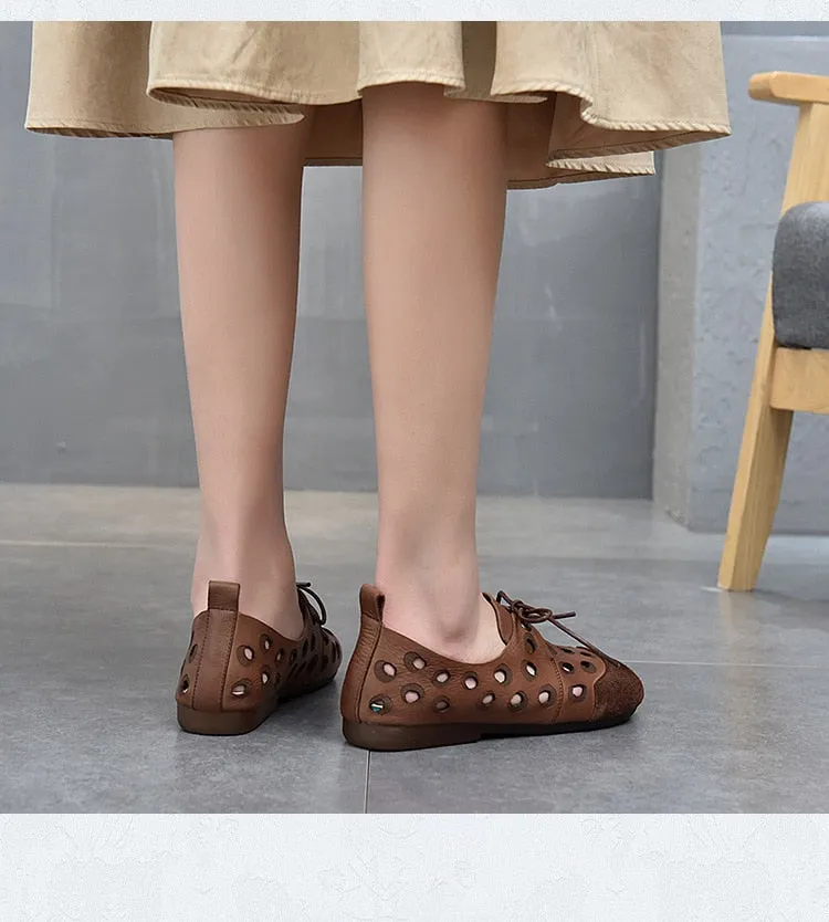 New Comfortable Leather Handmade Shoes Flat-heeled Soft-soled Shoes  Female Wind Tunnel Hollow Sandals Women Casual Flats Shoes