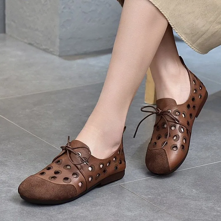New Comfortable Leather Handmade Shoes Flat-heeled Soft-soled Shoes  Female Wind Tunnel Hollow Sandals Women Casual Flats Shoes