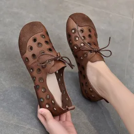 New Comfortable Leather Handmade Shoes Flat-heeled Soft-soled Shoes  Female Wind Tunnel Hollow Sandals Women Casual Flats Shoes