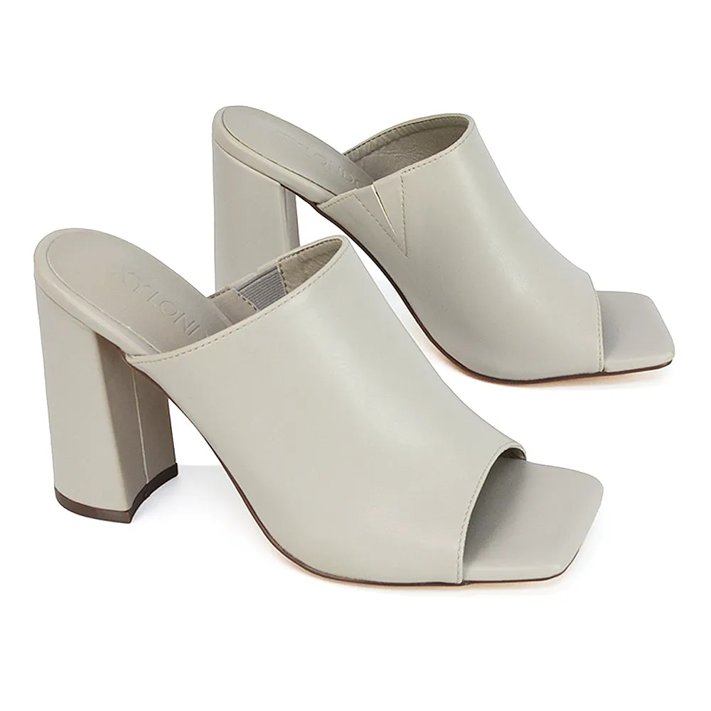 Sunday Square Toe Block High Heel Mule Peep Toe Sandals in White Synthetic Leather