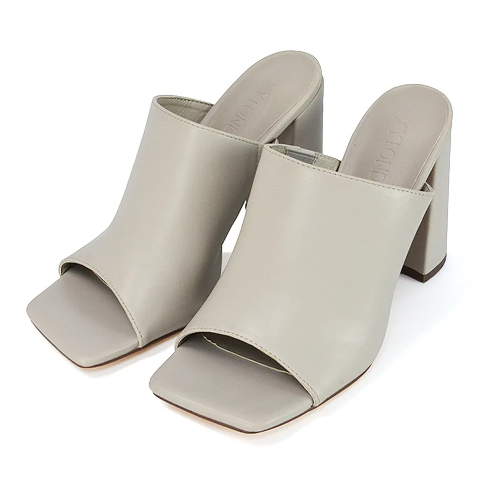 Sunday Square Toe Block High Heel Mule Peep Toe Sandals in White Synthetic Leather