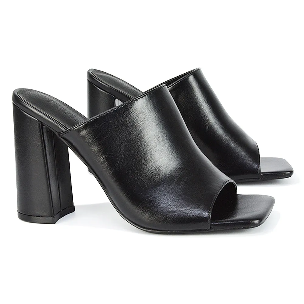 Sunday Square Toe Block High Heel Mule Peep Toe Sandals in White Synthetic Leather