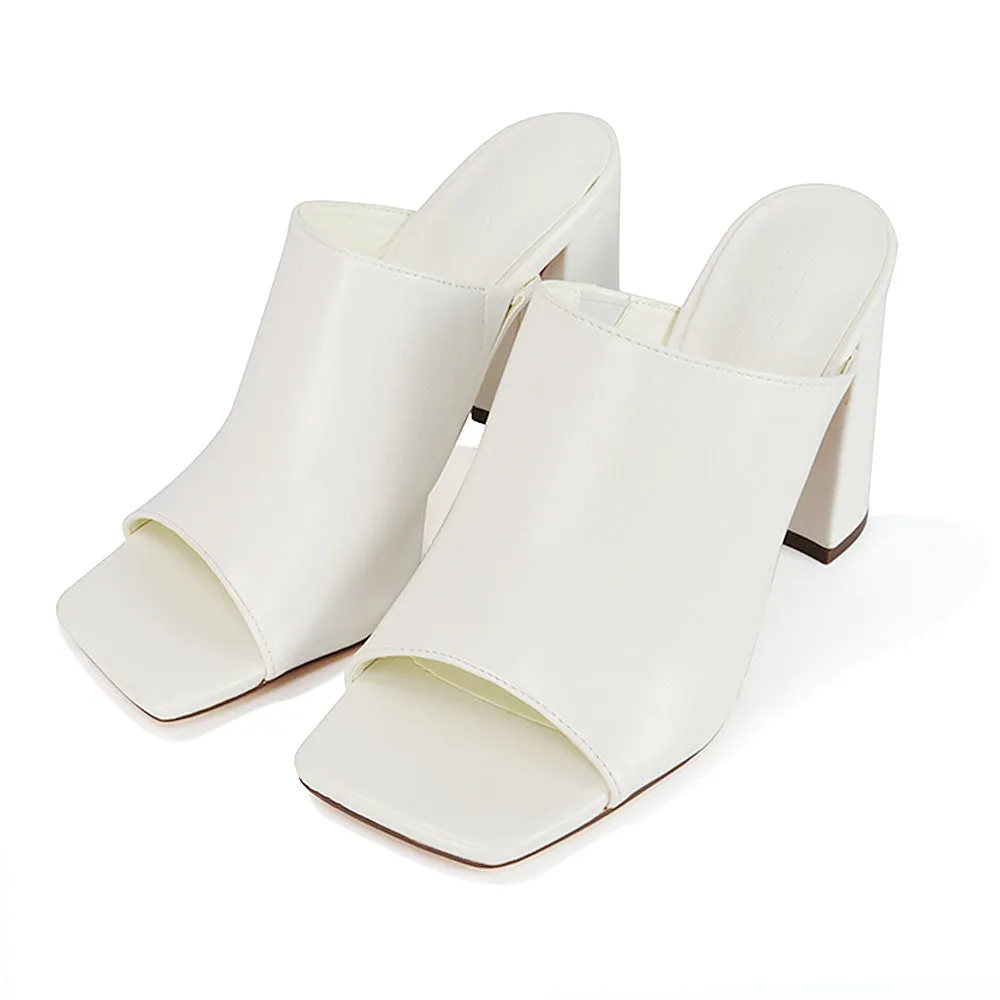 Sunday Square Toe Block High Heel Mule Peep Toe Sandals in White Synthetic Leather