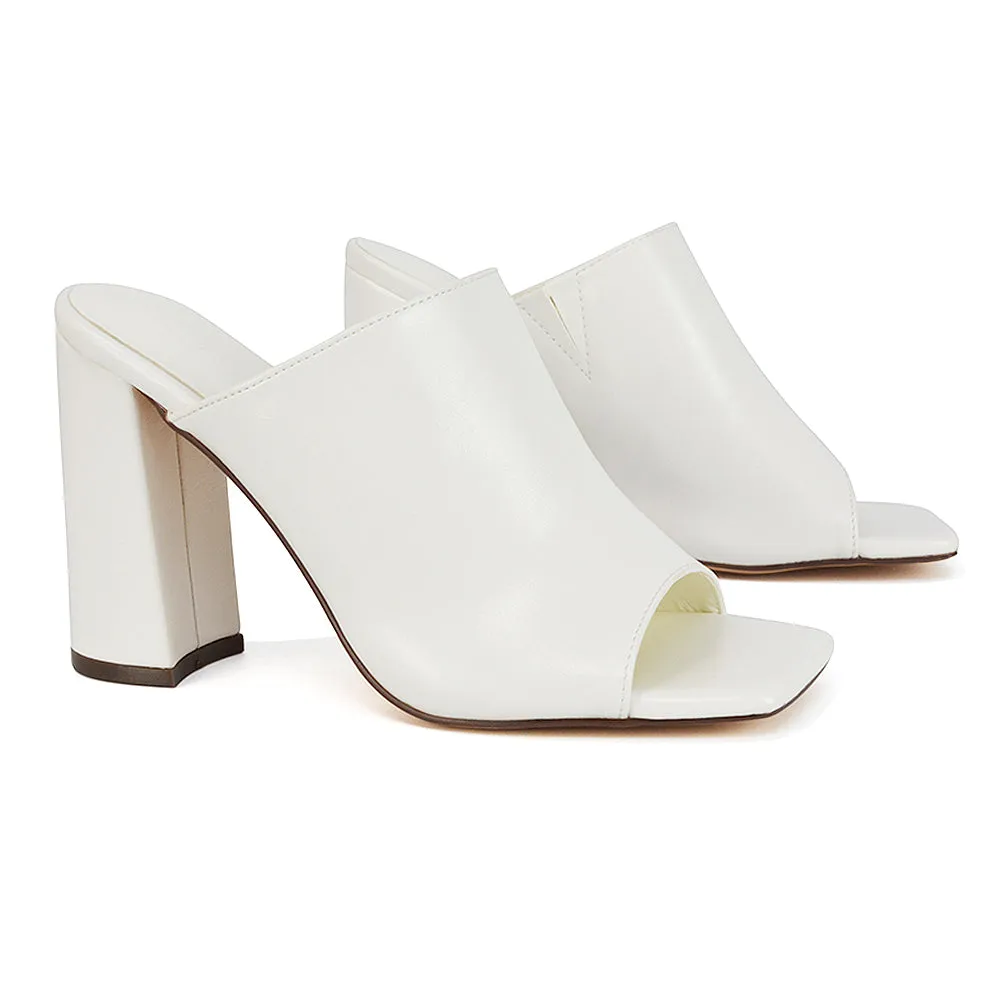 Sunday Square Toe Block High Heel Mule Peep Toe Sandals in White Synthetic Leather