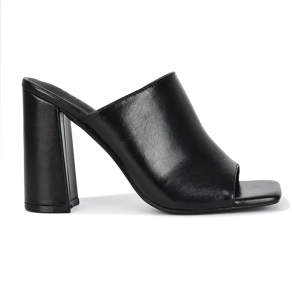 Sunday Square Toe Block High Heel Mule Peep Toe Sandals in White Synthetic Leather