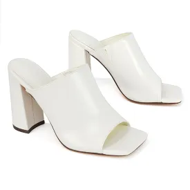 Sunday Square Toe Block High Heel Mule Peep Toe Sandals in White Synthetic Leather