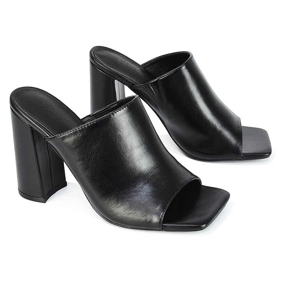 Sunday Square Toe Block High Heel Mule Peep Toe Sandals in White Synthetic Leather