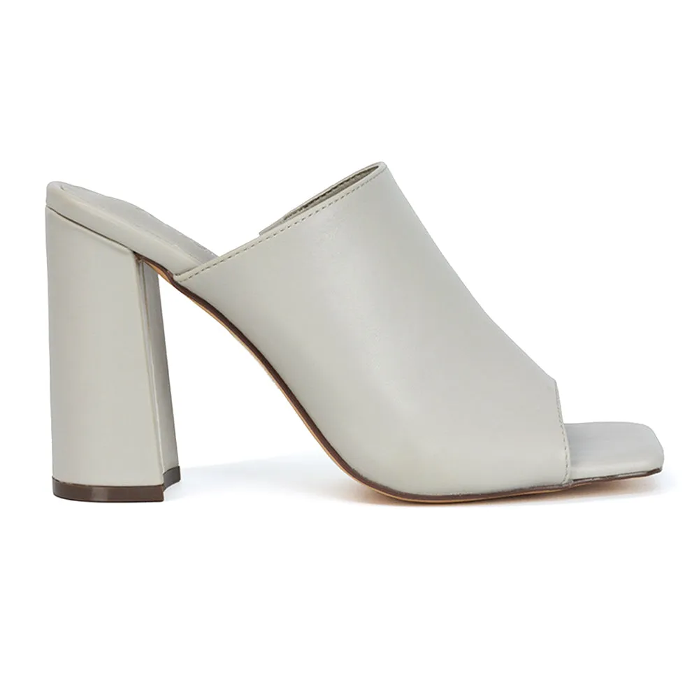 Sunday Square Toe Block High Heel Mule Peep Toe Sandals in White Synthetic Leather