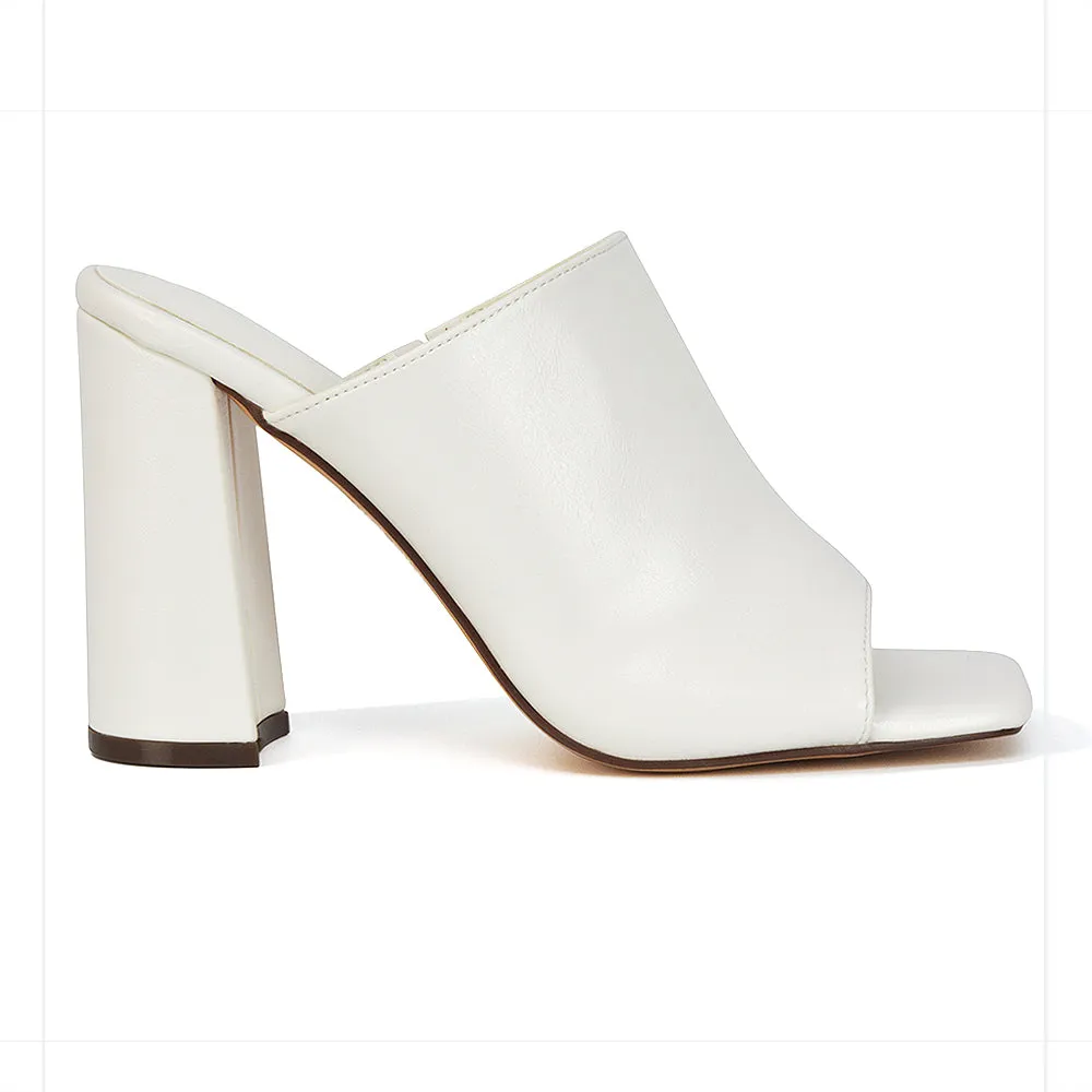 Sunday Square Toe Block High Heel Mule Peep Toe Sandals in White Synthetic Leather