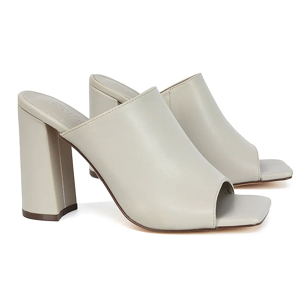 Sunday Square Toe Block High Heel Mule Peep Toe Sandals in White Synthetic Leather