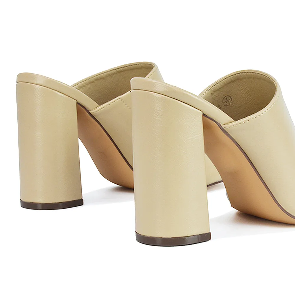 Sunday Square Toe Block High Heel Mule Peep Toe Sandals in White Synthetic Leather