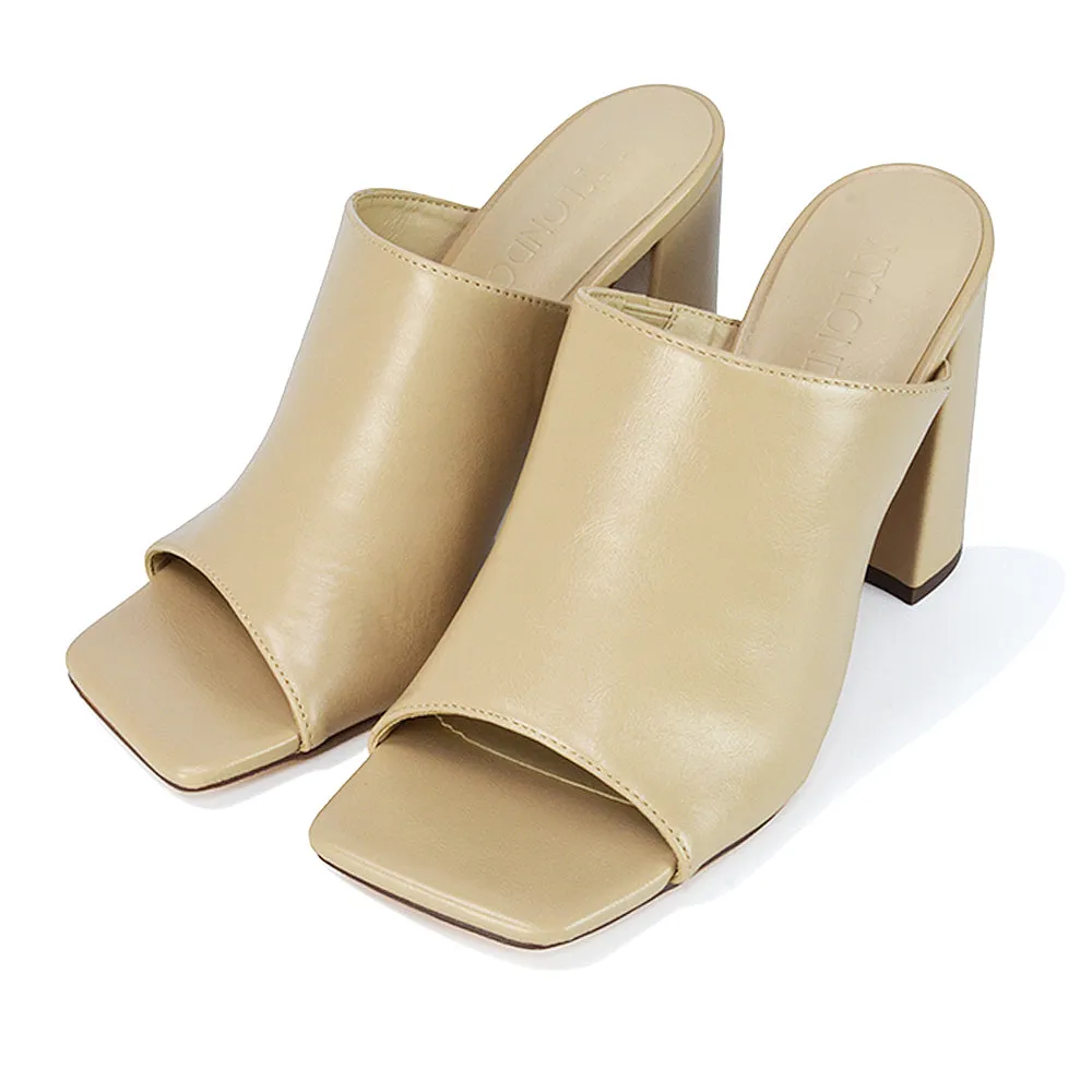 Sunday Square Toe Block High Heel Mule Peep Toe Sandals in White Synthetic Leather