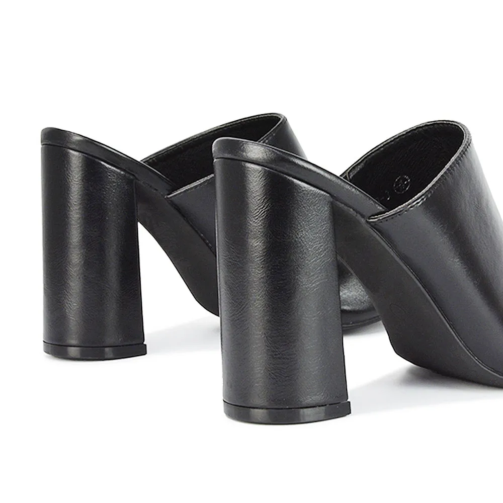 Sunday Square Toe Block High Heel Mule Peep Toe Sandals in White Synthetic Leather
