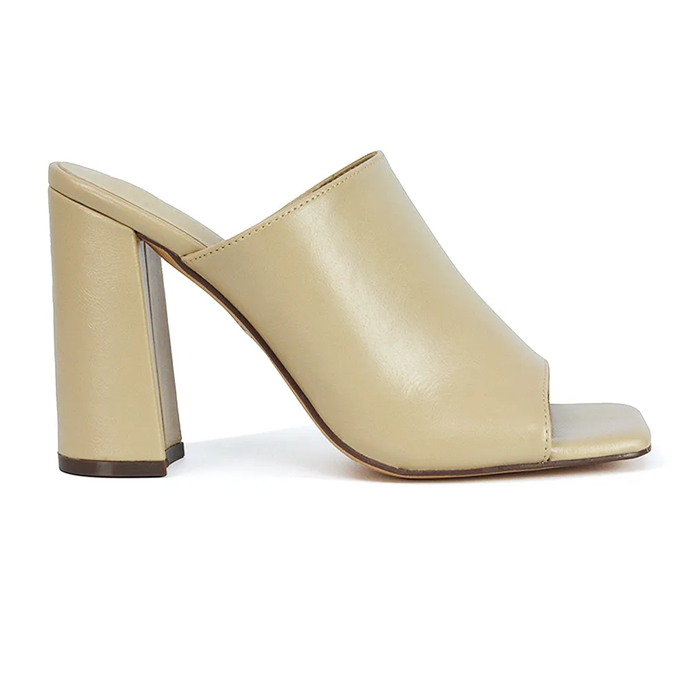 Sunday Square Toe Block High Heel Mule Peep Toe Sandals in White Synthetic Leather