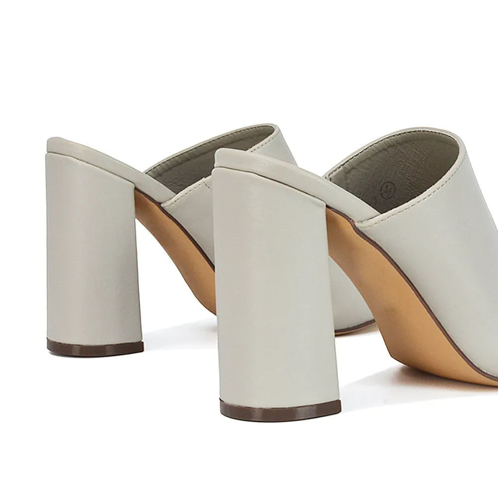 Sunday Square Toe Block High Heel Mule Peep Toe Sandals in White Synthetic Leather