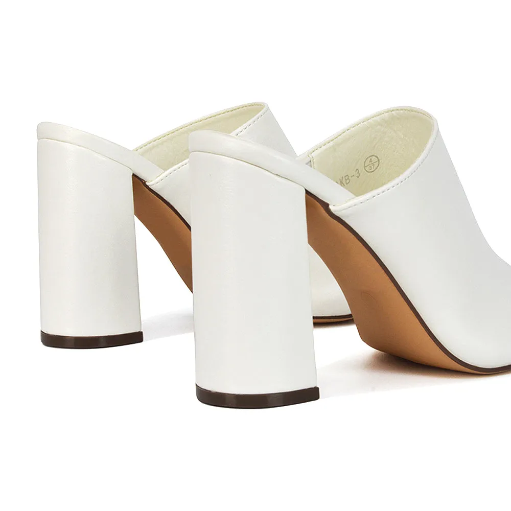 Sunday Square Toe Block High Heel Mule Peep Toe Sandals in White Synthetic Leather