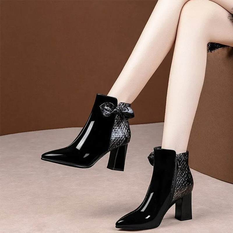 Women Autumn   Patent Leather Zip Bowtie Ankle Boots Snake Skin Pointed Toe Woman High Heels Female Mixed Color Shoes