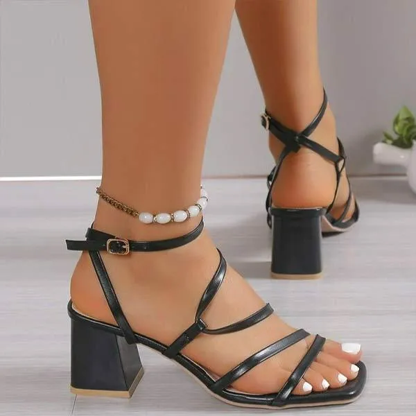 Women's Square Toe Thin Strap Buckle Chunky Heel Sandals 06480096C