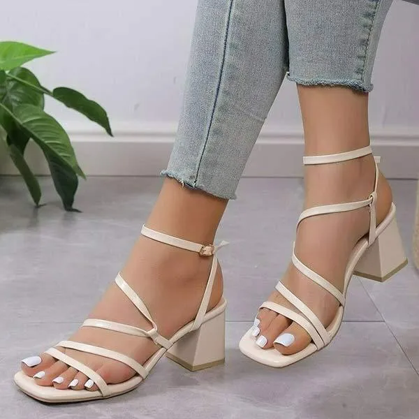 Women's Square Toe Thin Strap Buckle Chunky Heel Sandals 06480096C