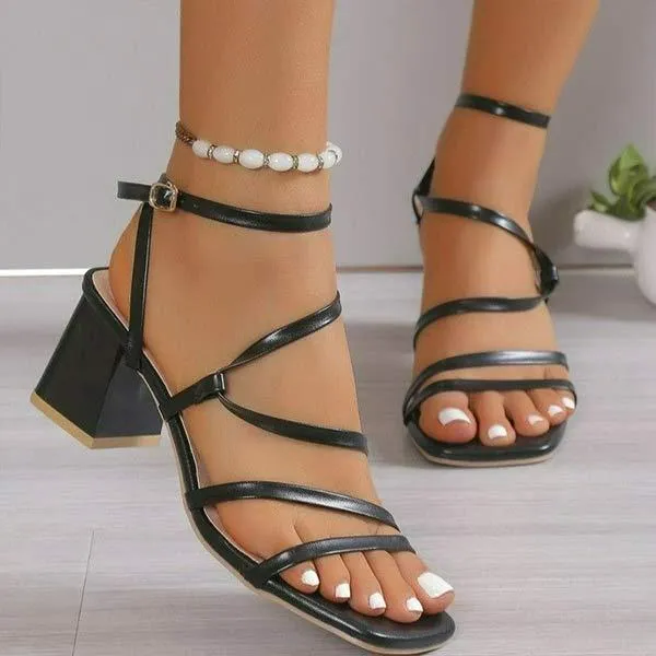 Women's Square Toe Thin Strap Buckle Chunky Heel Sandals 06480096C