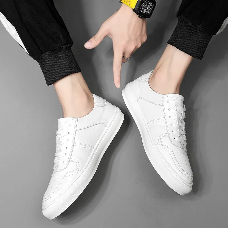 xiangtuibao Men's Genuine Leather Casual Shoes Classic Fashion Male Lace up Flat White Black Fashion Sneakers New Men Loafers